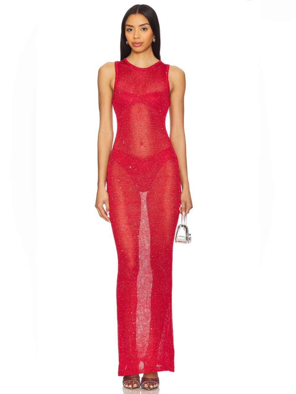 SUPERDOWN Alix Maxi Dress BEACH COVER UP Red Sheer Sparkle Maxi XS